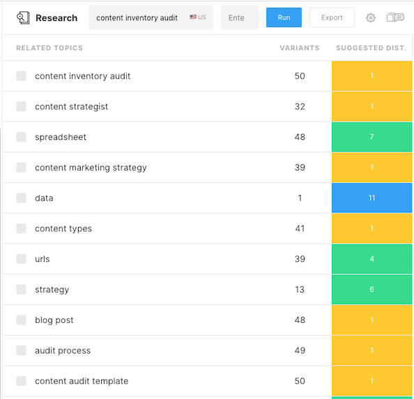 MarketMuse Research 应用程序的屏幕截图。