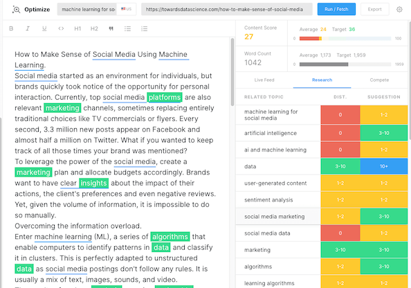 MarketMuse Optimize 应用程序的屏幕截图。
