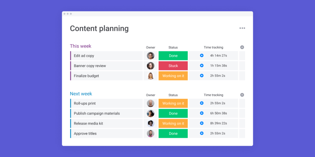 monday.com의 콘텐츠 계획 스크린샷