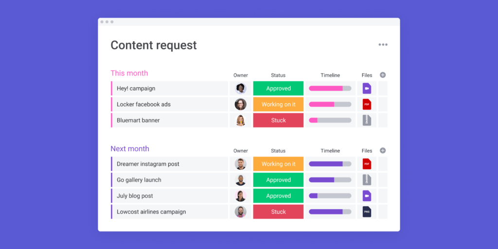 monday.com 콘텐츠 계획의 스크린샷
