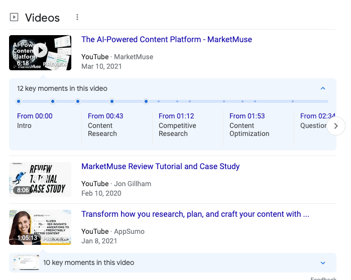 Exemplo de SERP do Google Video.