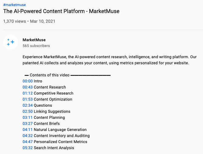 Descrição do vídeo do YouTube mostrando carimbos de data/hora.
