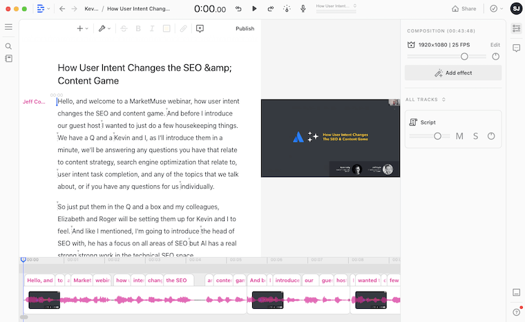Editando um vídeo usando Descript.