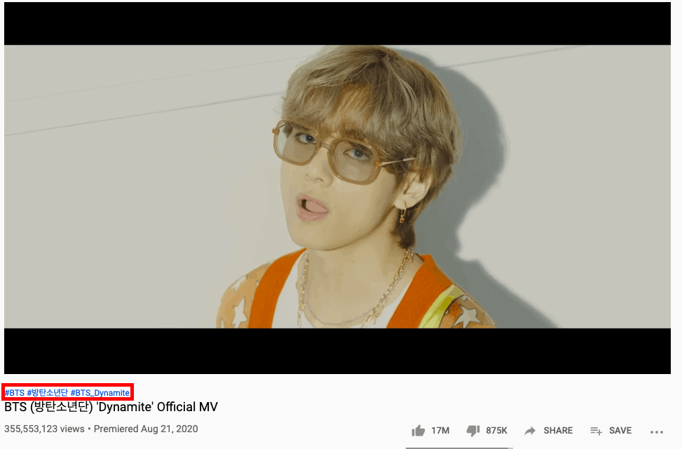 3 balises vidéo affichées en haut du titre de la vidéo Youtube