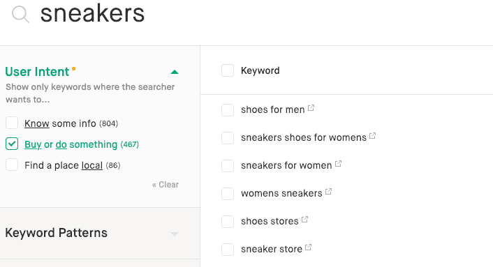 capture d'écran du filtre d'intention de l'utilisateur "acheter".
