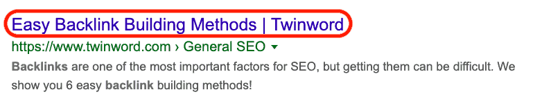Publication de la méthode de construction de backlink Twinword sur SERP, montrant la balise de titre qui inclut le mot-clé « backlink building ».