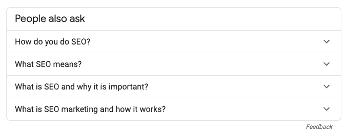 「SEOとは何ですか？」というクエリを含むGoogleのPeopleAlsoAskセクションのスクリーンショット。
