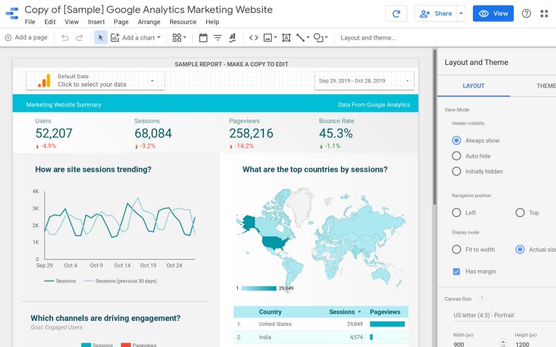 Captura de pantalla de Google Data Studio que muestra un informe de muestra