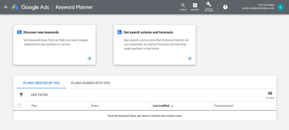 Una captura de pantalla del Planificador de palabras clave de Google como herramienta gratuita de SEO