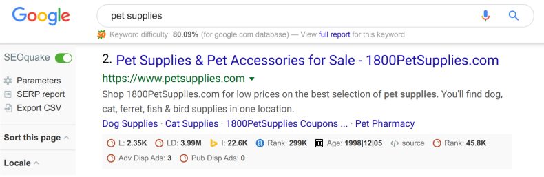 Una captura de pantalla del resultado generado por SEOQuake