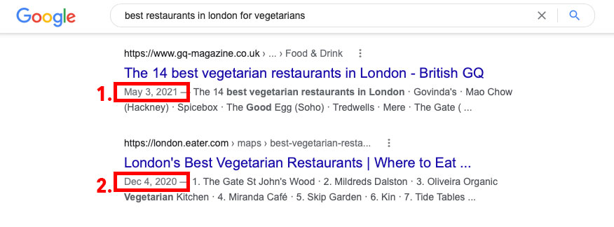 Результаты поиска Google, показывающие алгоритм обновления контента
