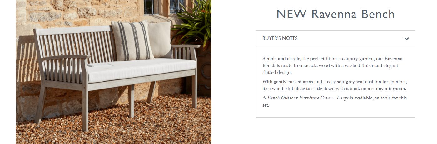 Пример описания продукта от Cox & Cox, демонстрирующий, как они включают функции, преимущества и атрибуты продукта.