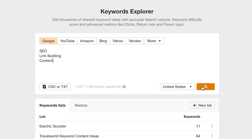 Găsirea cuvintelor cheie cu concurență scăzută introducând cuvinte cheie de bază în exploratorul de cuvinte cheie Ahrefs