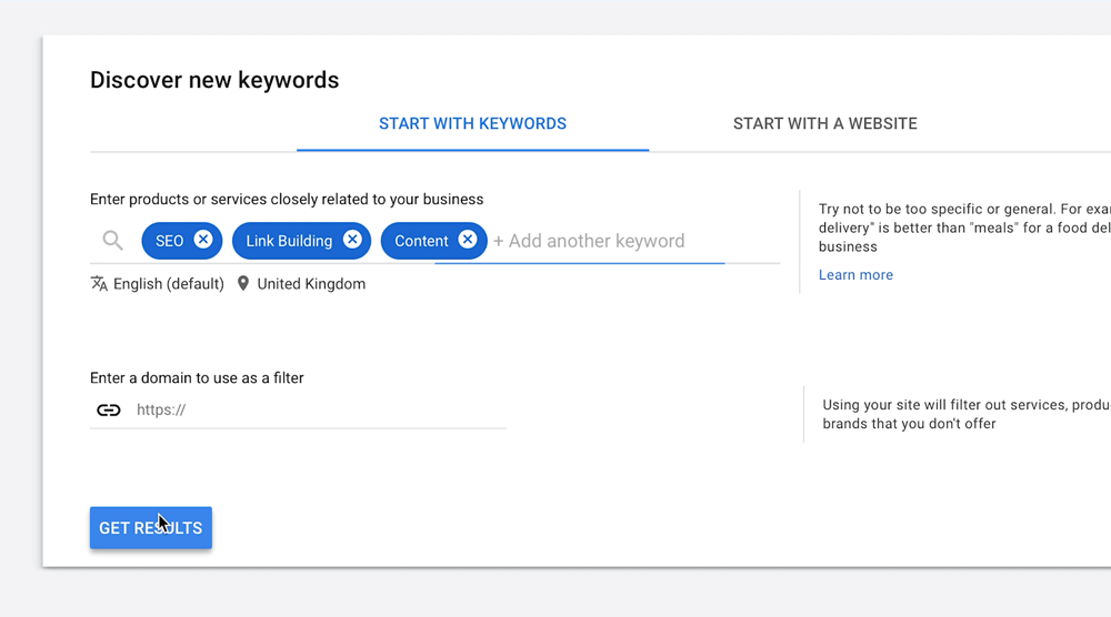 introducerea cuvintelor cheie în Planificatorul de cuvinte cheie Google - cum să găsiți cuvinte cheie cu concurență scăzută