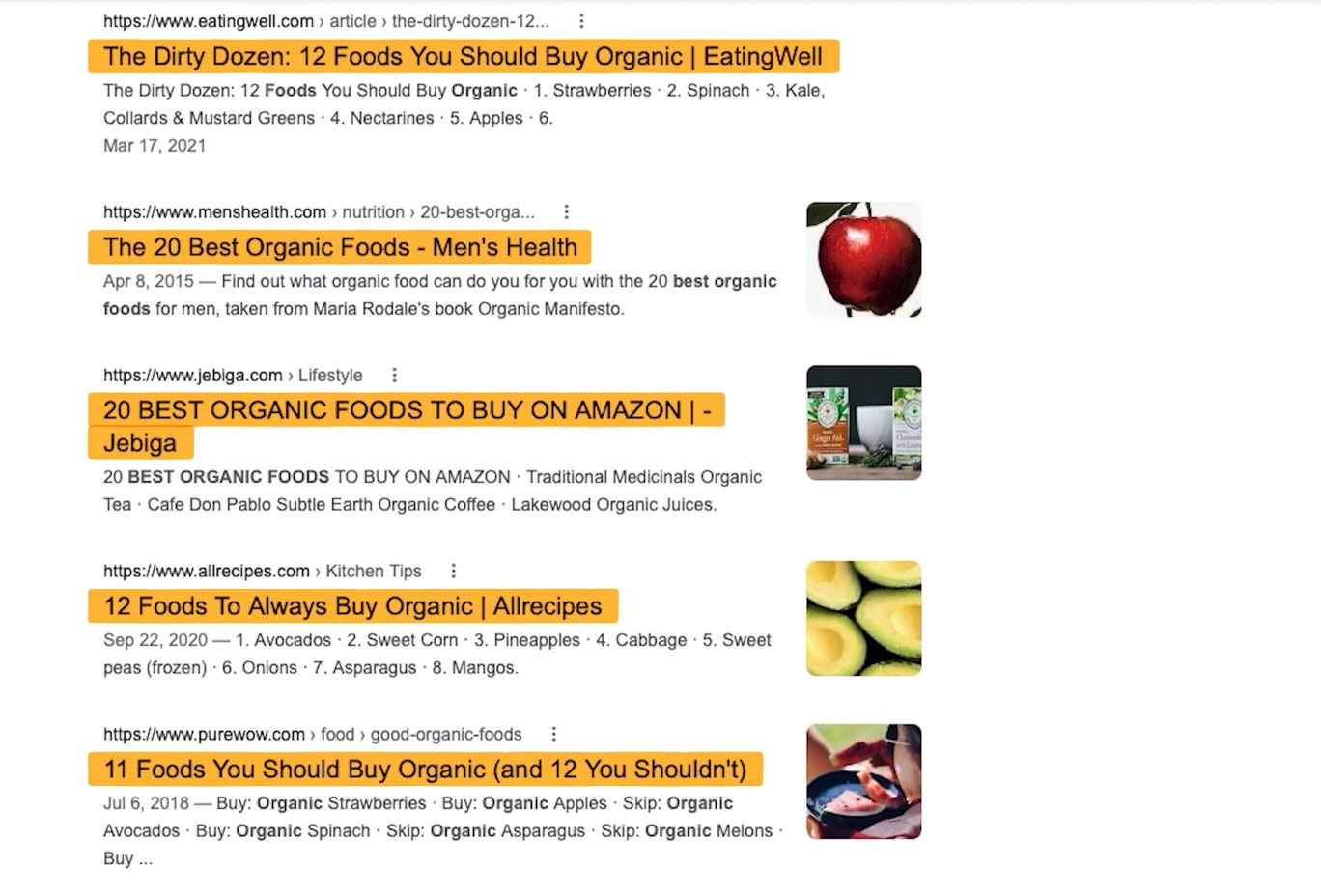 Wyniki wyszukiwania Google podkreślające pozycję artykułów na pierwszej stronie Google