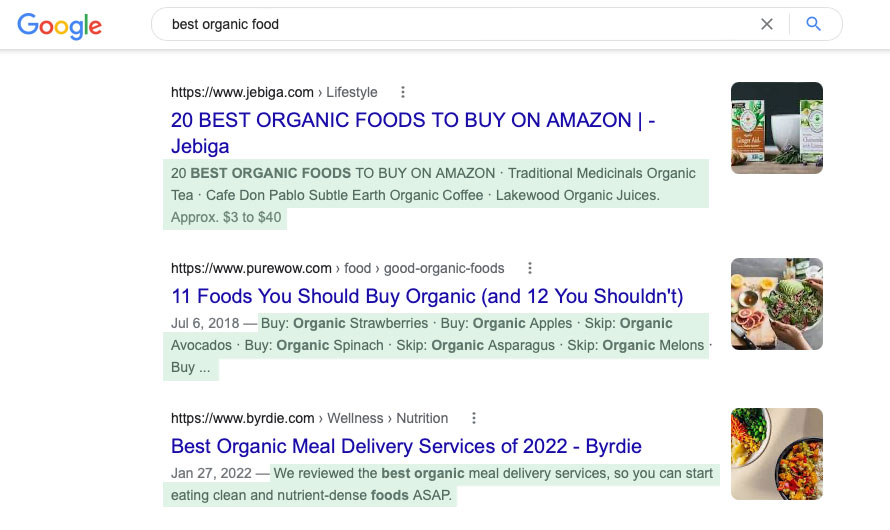 Przykłady meta opisów pokazujące, gdzie pojawiają się w wynikach wyszukiwania po zoptymalizowaniu SEO na stronie