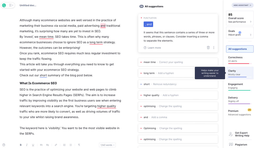 Przykład Grammarly, który pomaga zoptymalizować SEO na stronie