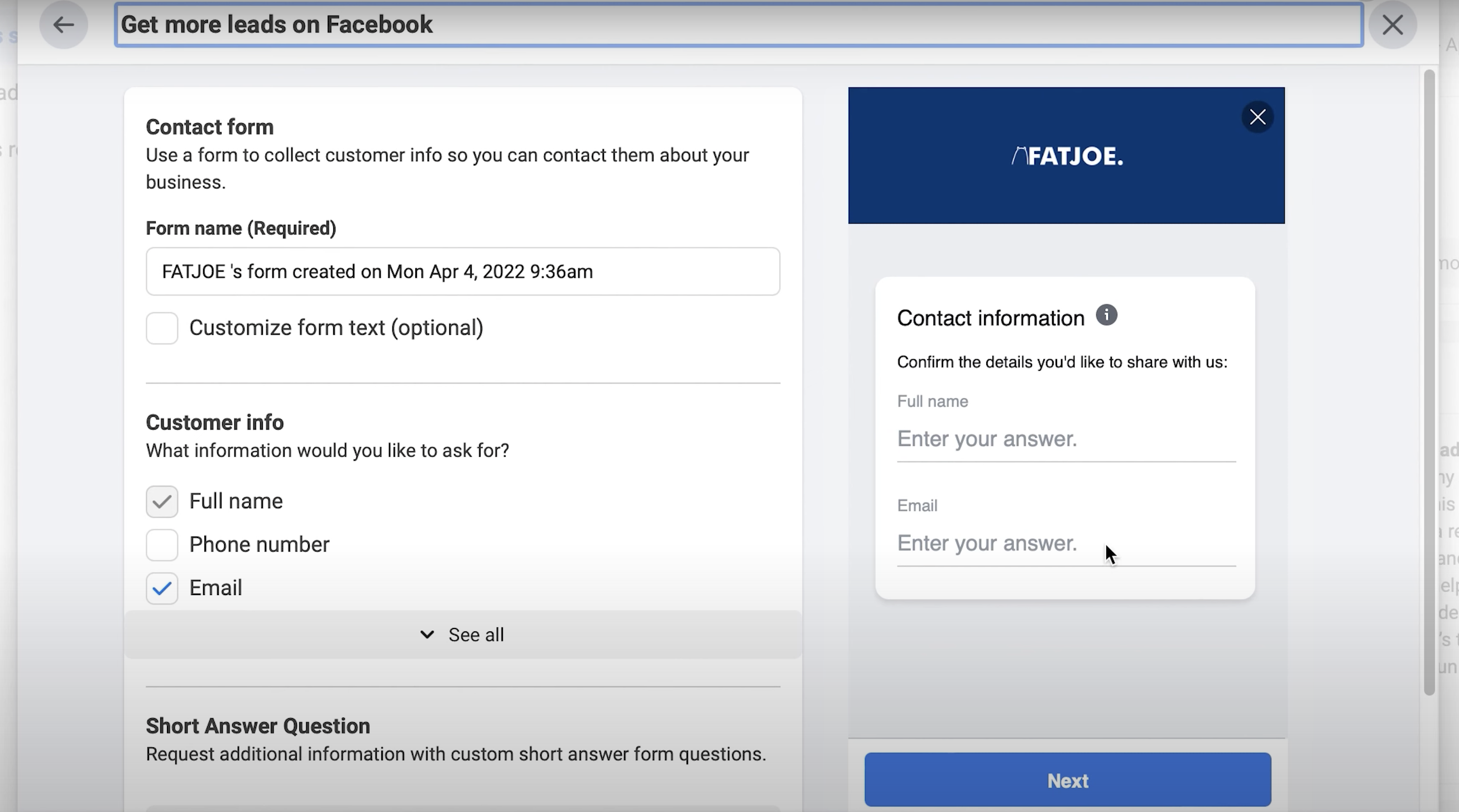 Una captura de pantalla de los anuncios de generación de prospectos de Facebook
