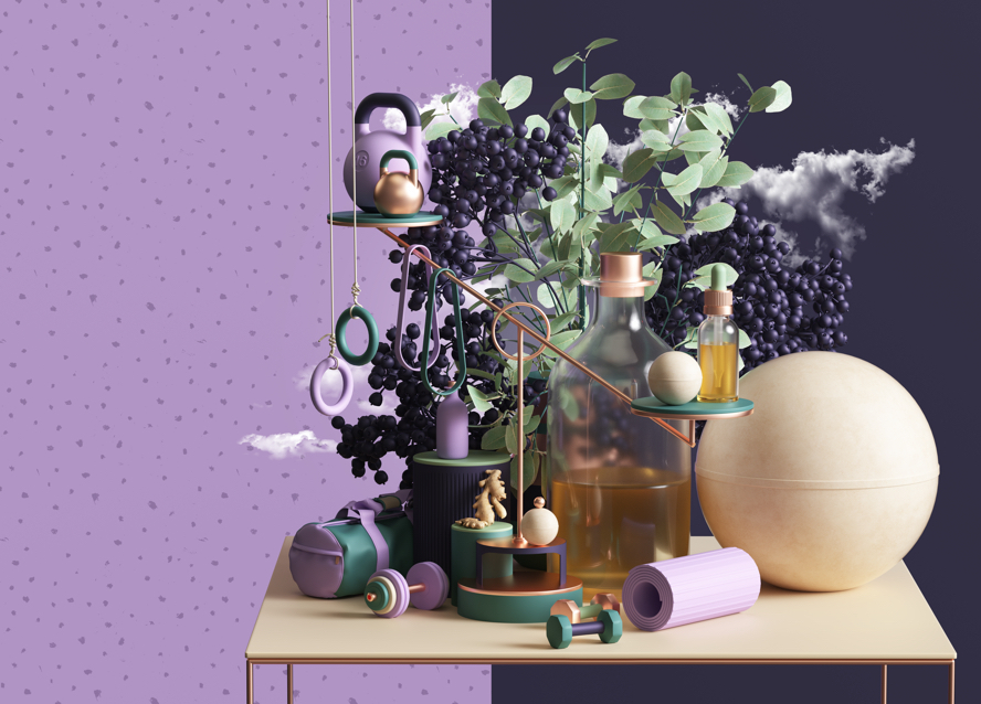 representación visual de bienestar que muestra bayas, hojas, pesas, elixires y otros artículos de bienestar