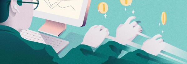 ilustrasi orang di komputer dengan grafik dan dengan cepat menggesekkan tangannya ke depan dan ke belakang. menghasilkan uang secara online