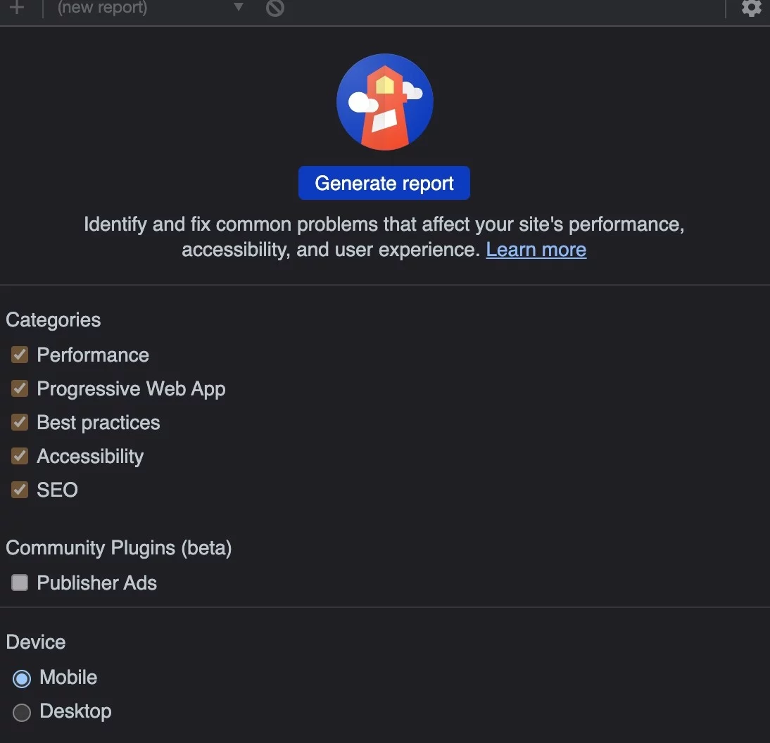 ภาพหน้าจอของ Google Lighthouse Tool