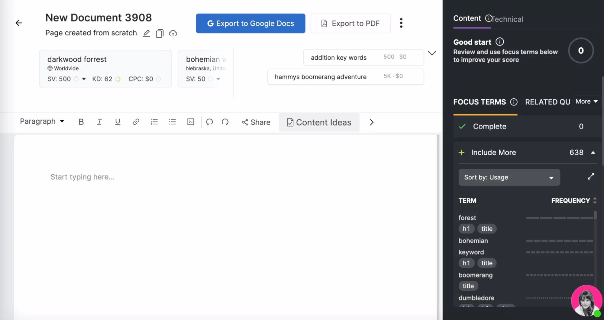 สกรีนช็อตของเครื่องมือช่วยเนื้อหา SEO
