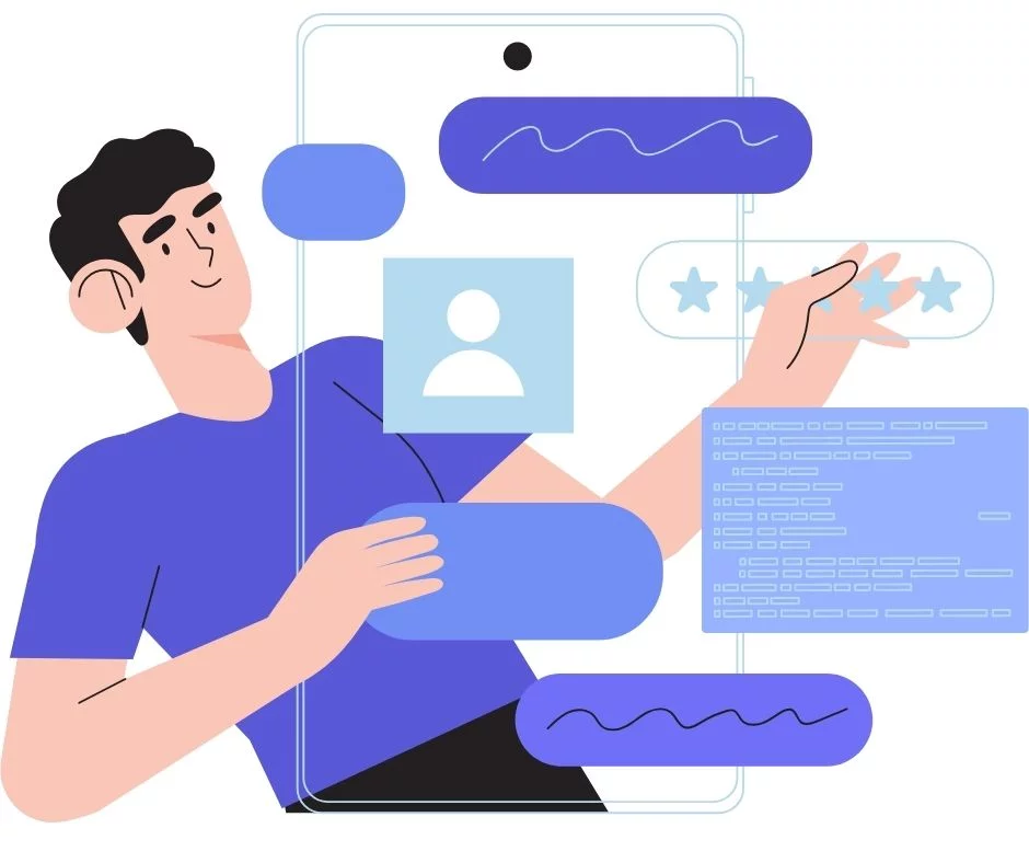 Ilustracja przedstawiająca białego mężczyznę z czarnymi włosami i elementami urządzeń mobilnych