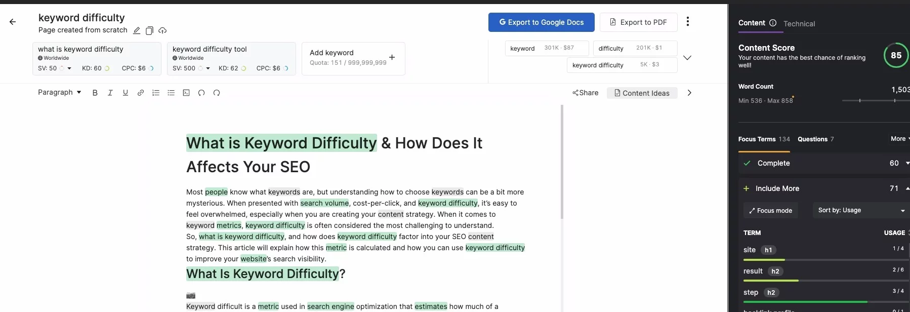 Zrzut ekranu z narzędzia SEO Content Assistant