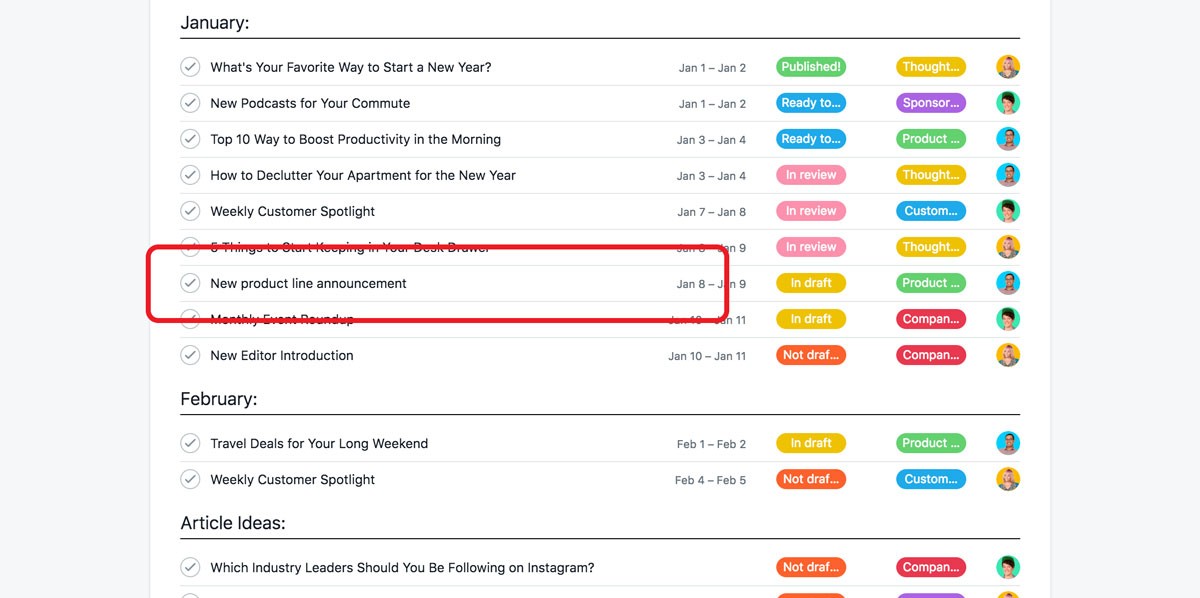 Calendario de contenido del blog