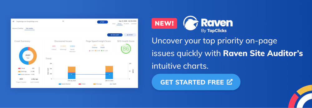 Raven Site Auditor의 직관적인 차트를 사용하여 가장 우선 순위가 높은 페이지 문제를 신속하게 발견하십시오. 무료로 시작하세요.