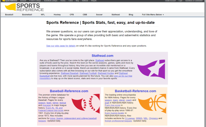 스포츠 레퍼런스 홈페이지