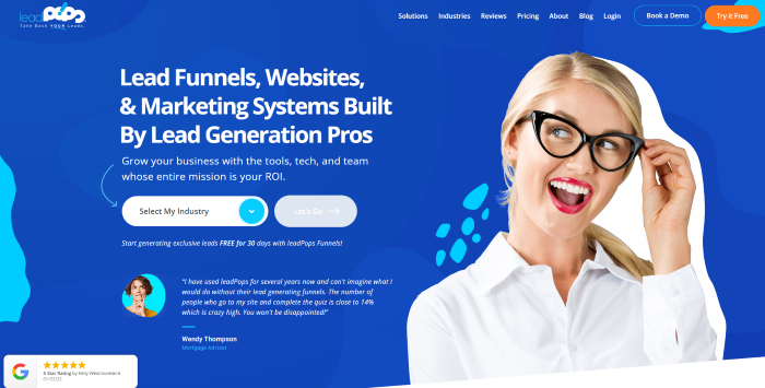 Page d'accueil de LeadPops