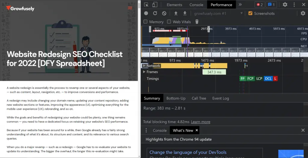 Resultados da carga do elemento de inspeção de desempenho