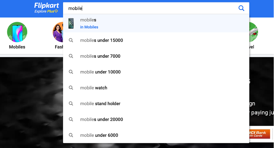 แนวทางปฏิบัติที่ดีที่สุดสำหรับการออกแบบหน้าแรกของอีคอมเมิร์ซพร้อมตัวอย่าง 21 ตัวอย่าง flipkart search - Ecommerce Homepage Design Best Practices with 21 Examples