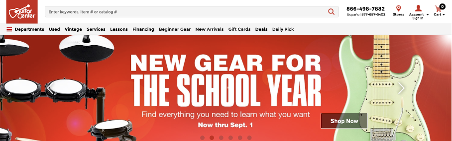 แนวทางปฏิบัติที่ดีที่สุดสำหรับการออกแบบหน้าแรกของอีคอมเมิร์ซพร้อมตัวอย่าง 21 ตัวอย่าง guitar center - Ecommerce Homepage Design Best Practices with 21 Examples