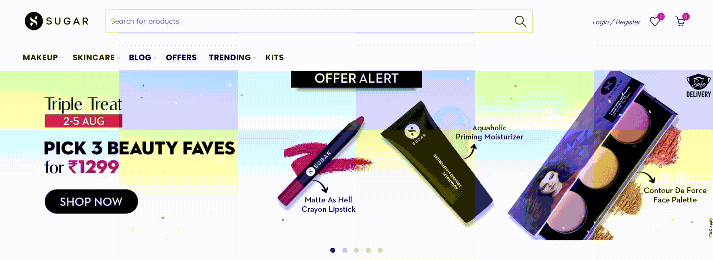 แนวทางปฏิบัติที่ดีที่สุดสำหรับการออกแบบหน้าแรกของอีคอมเมิร์ซพร้อมตัวอย่าง 21 ตัวอย่าง sugarcosmetics - Ecommerce Homepage Design Best Practices with 21 Examples