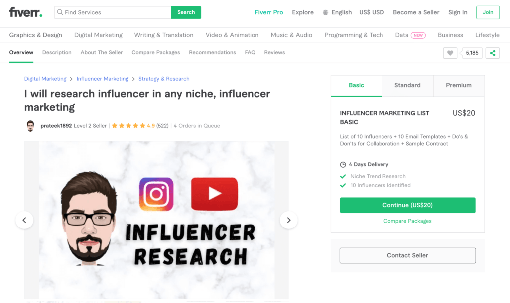fiverr-influencer-pakar | Afiliasi Mudah An example of an influencer researcher, on the Fiverr marketplace.