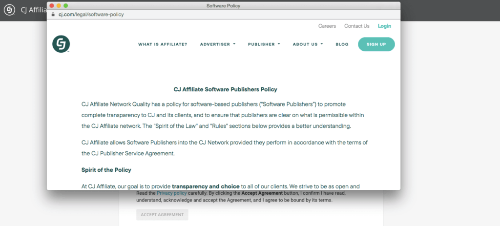 CJ-Afiliasi-perangkat lunak-kebijakan-1 | Afiliasi Mudah CJ Affiliate agreements page.