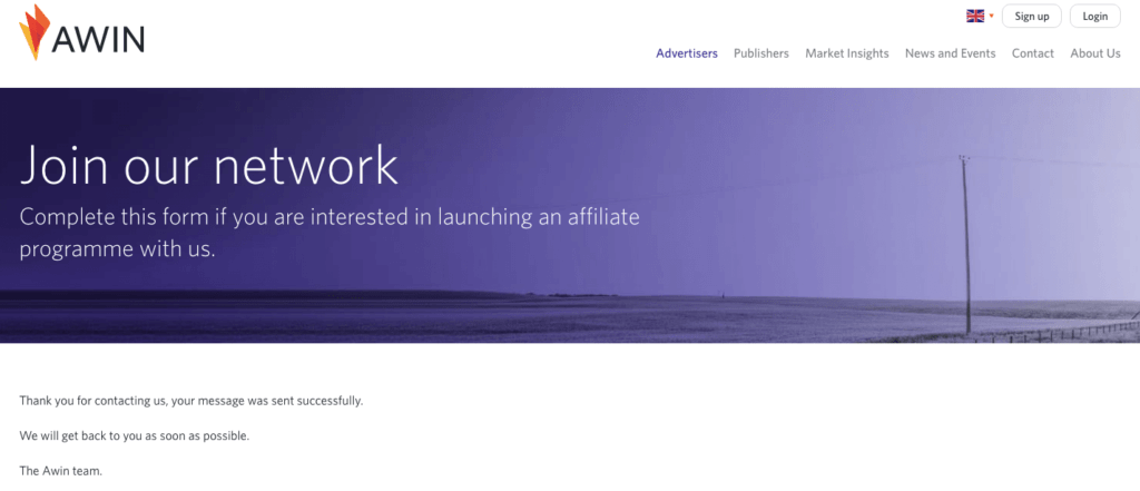 AWIN-bergabung-jaringan-kami | Afiliasi Mudah AWIN application confirmation page.