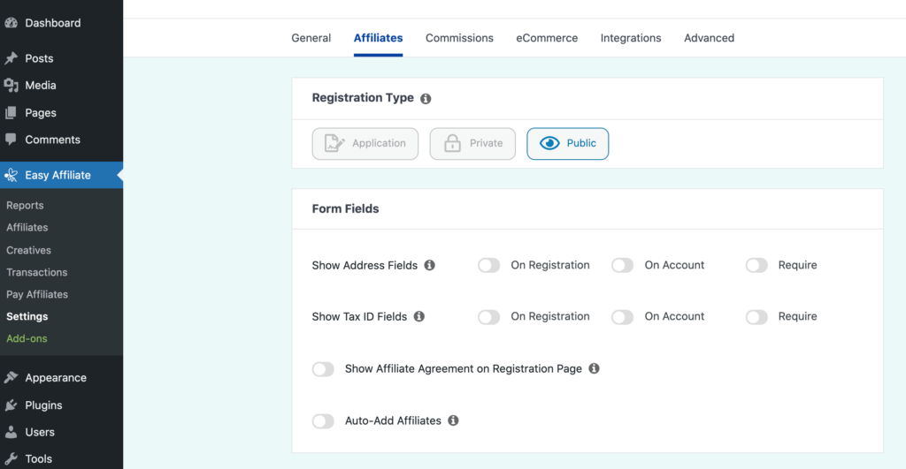 easy-affiliate-impostazioni | Affiliazione facile Easy Affiliate's default public signup settings.