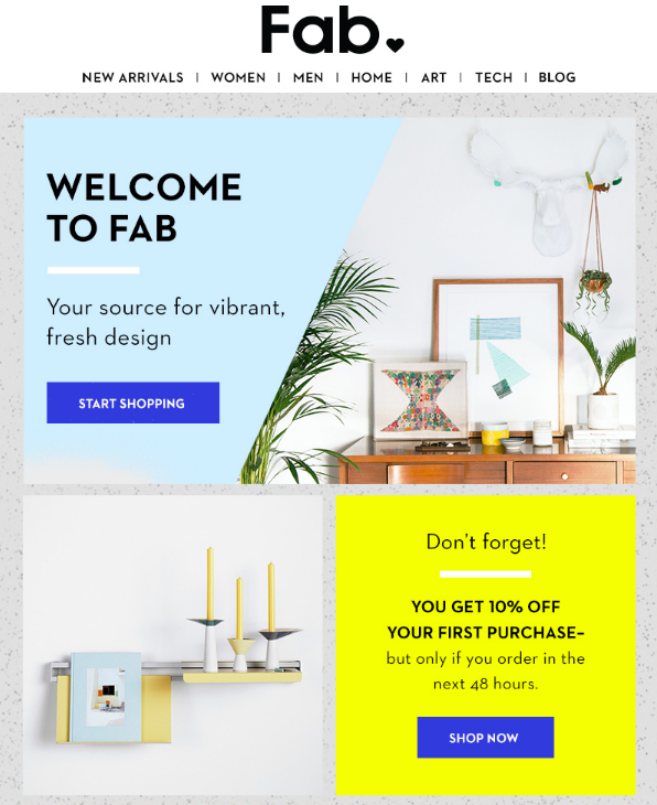 5 種類型的電子商務電子郵件模板可推動更多銷售(+22 示例) welcome fab - 5 Types of Ecommerce Email Templates to Drive More Sales (+22 Examples)