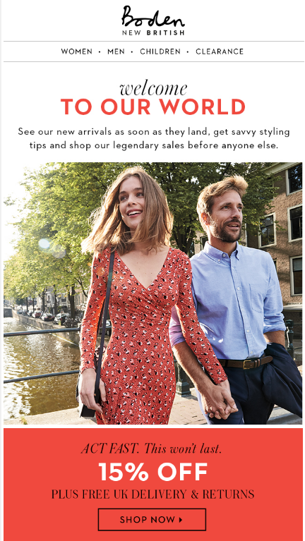 5 種類型的電子商務電子郵件模板可推動更多銷售(+22 示例) boden welcome email - 5 Types of Ecommerce Email Templates to Drive More Sales (+22 Examples)
