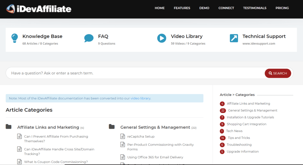 idevaffiliate-support-랜딩 페이지 | 쉬운 제휴 iDevAffiliate support landing page