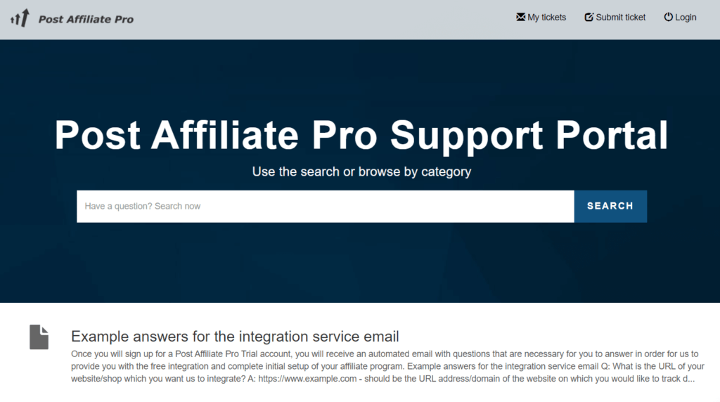 제휴 후 지원 1 | 쉬운 제휴 The Post Affiliate Pro support page