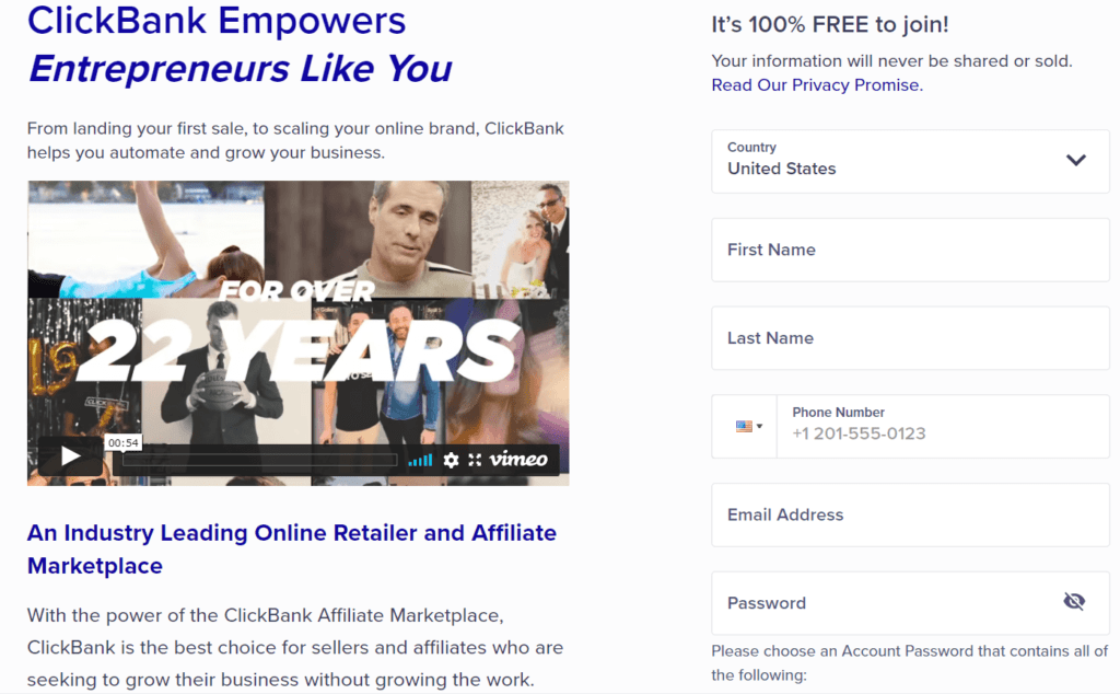 點擊銀行註冊 |輕鬆加盟 Clickbank sign-up page