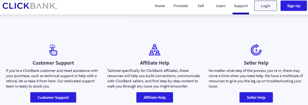 clickbank 支持 |輕鬆加盟 The Clickbank support page