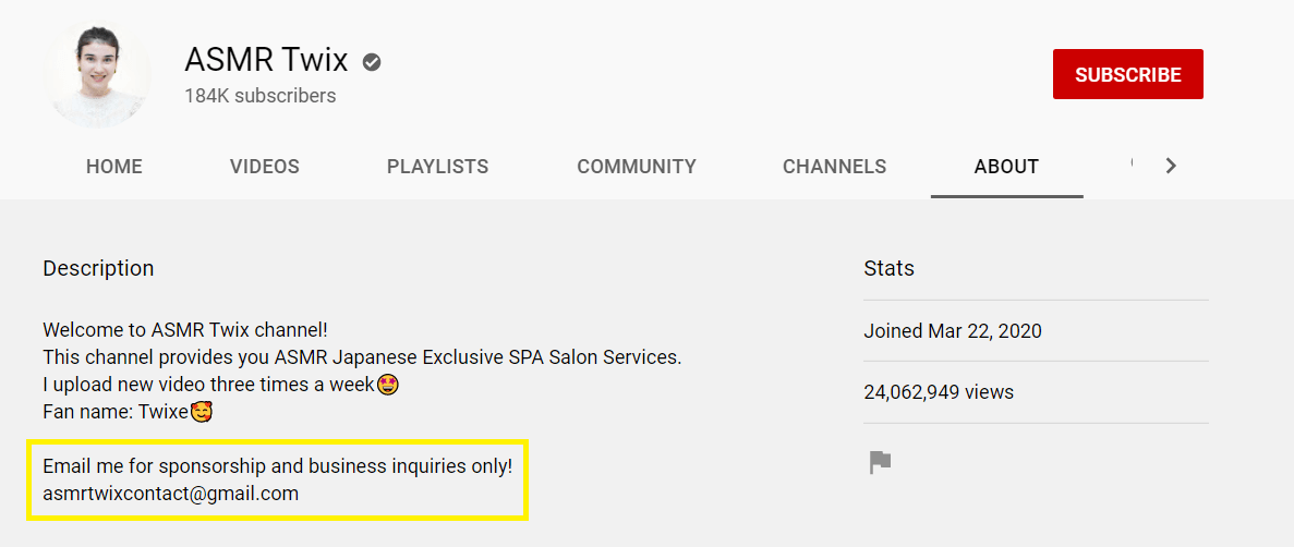 ASMR Twix 商業電子郵件 |輕鬆加盟 An example of an influencer who displays their business email prominently.