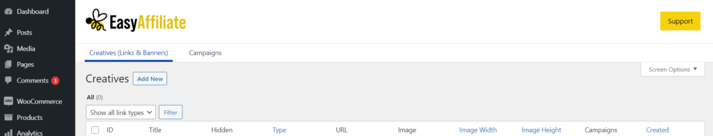 容易的附屬創意|輕鬆加盟 The Creatives tab on the Easy Affiliate dashboard