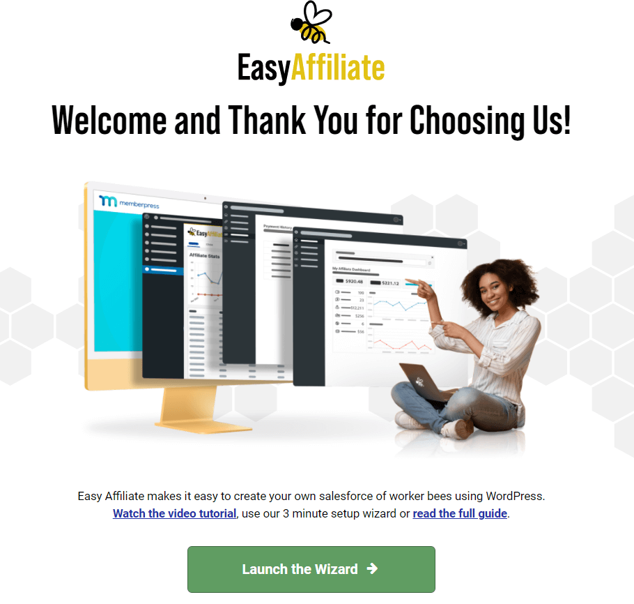 啟動設置嚮導1 |輕鬆加盟 A welcome screen in WordPress inviting the user to launch the Easy Affiliate setup wizard.