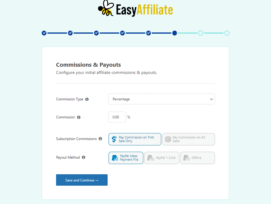 設置-容易-附屬|輕鬆加盟 Step 6 in the Easy Affiliate setup wizard (the commissions & payouts setup screen)